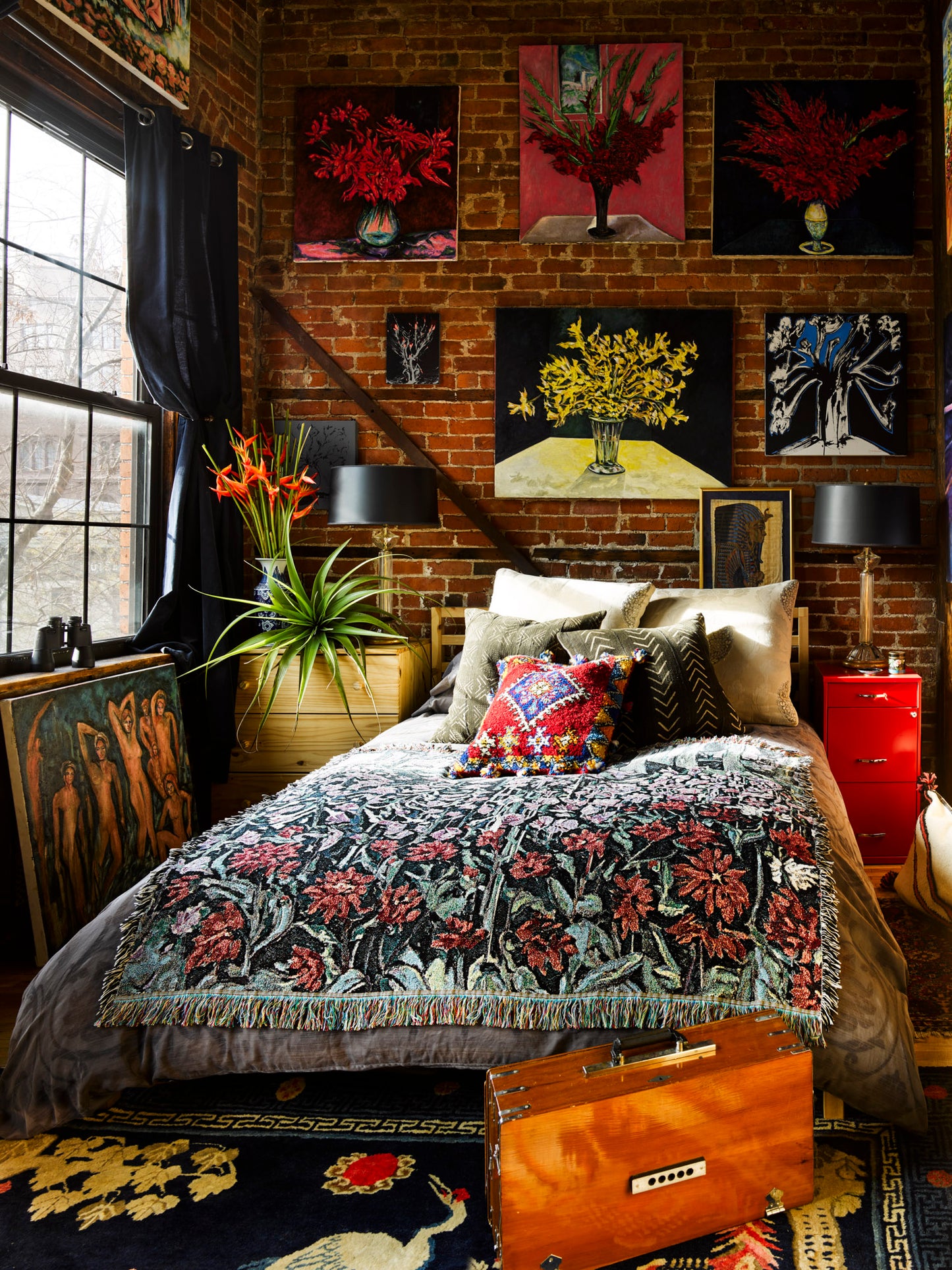 Woven Art Blanket - Purple Hollyhock & Red Dahlia Garden