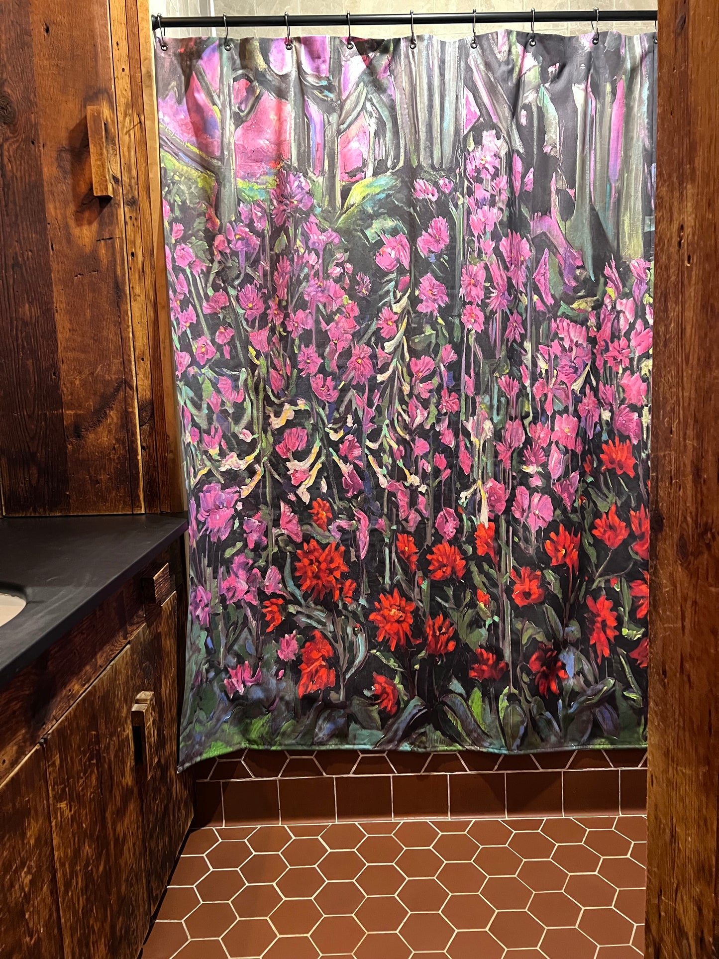 Art Shower Curtain - Purple Hollyhock & Red Dahlia Garden