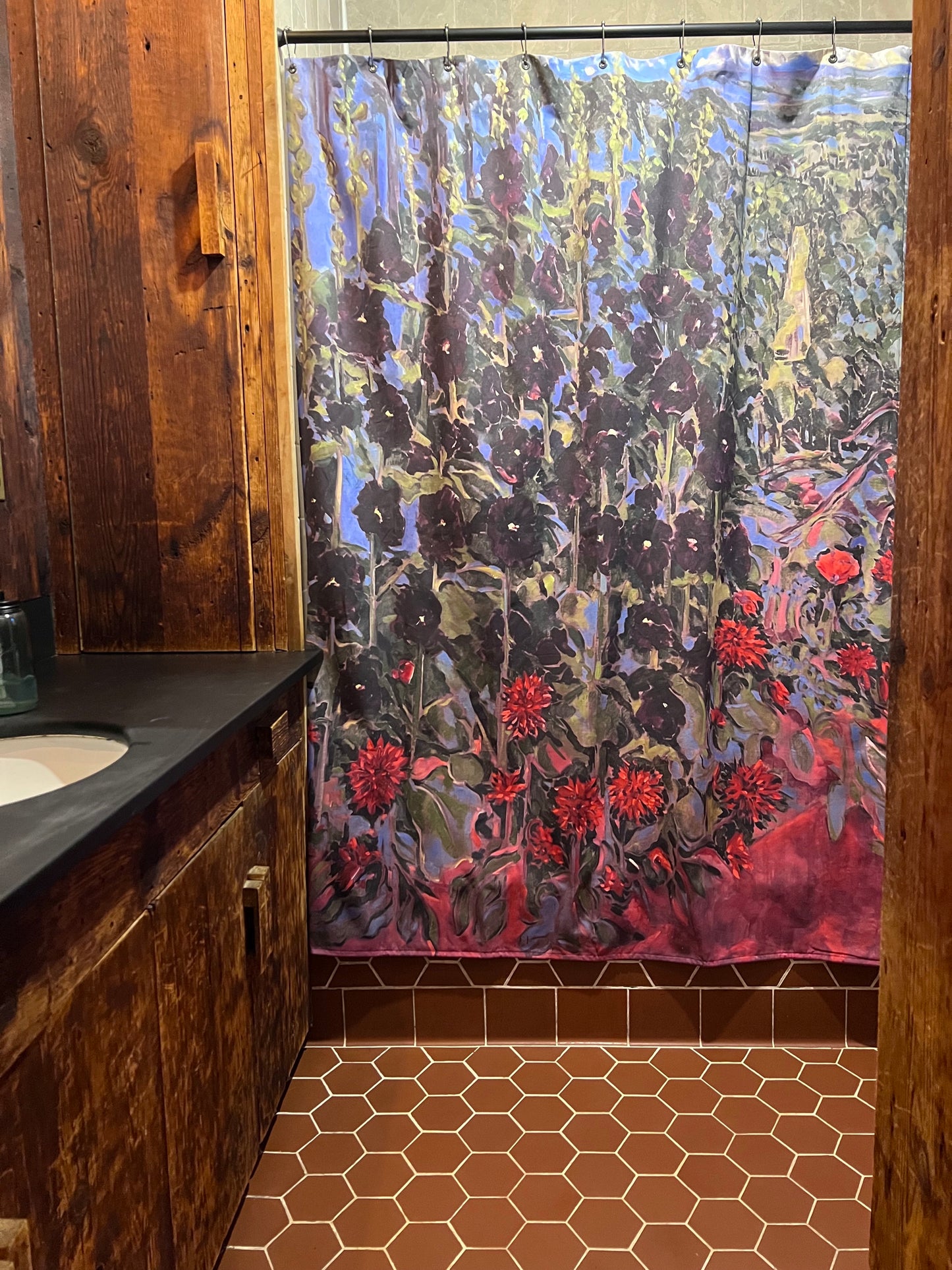 Art Shower Curtain - Black Hollyhock with Clear View