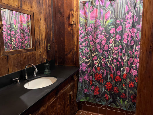 Art Shower Curtain - Purple Hollyhock & Red Dahlia Garden