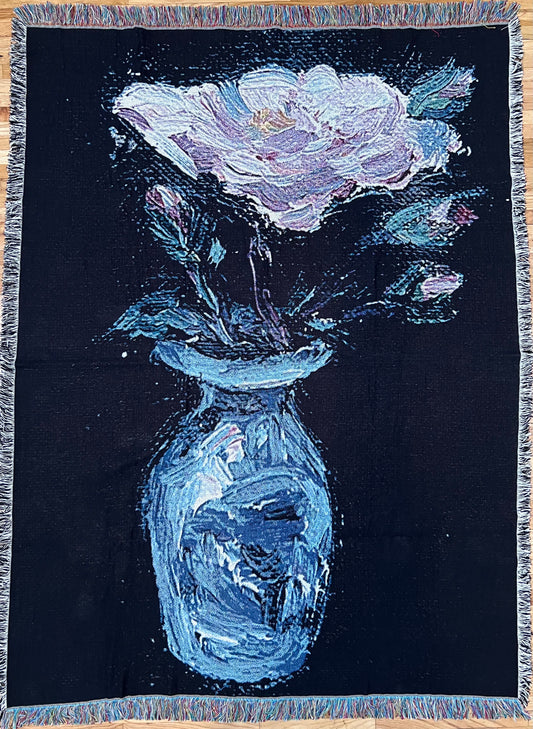 Woven Art Blanket - Rose in Blue China Vase