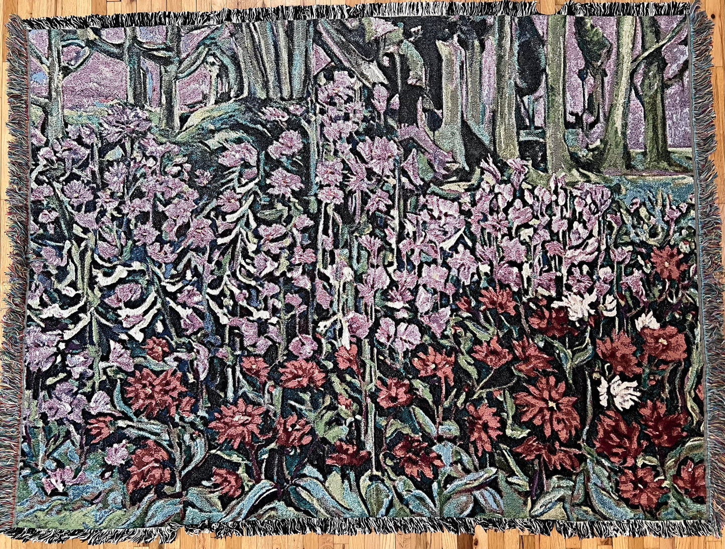 Woven Art Blanket - Purple Hollyhock & Red Dahlia Garden